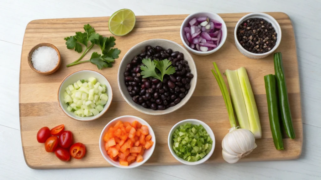 Ingredients for purple black bean soup on a wooden chopping board