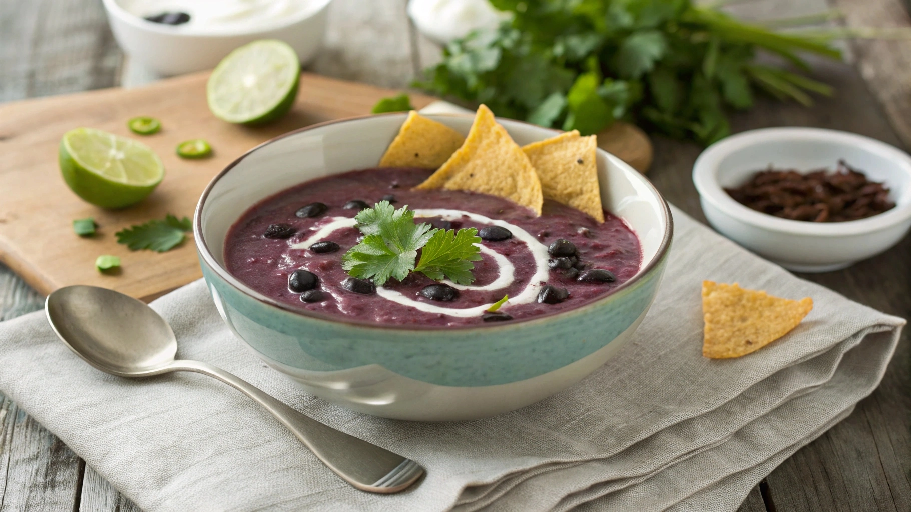 Purple black bean soup garnished with cilantro and tortilla chips