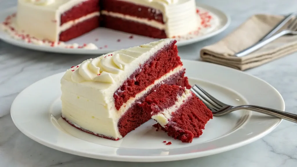 Slice of moist red velvet cake with cream cheese frosting