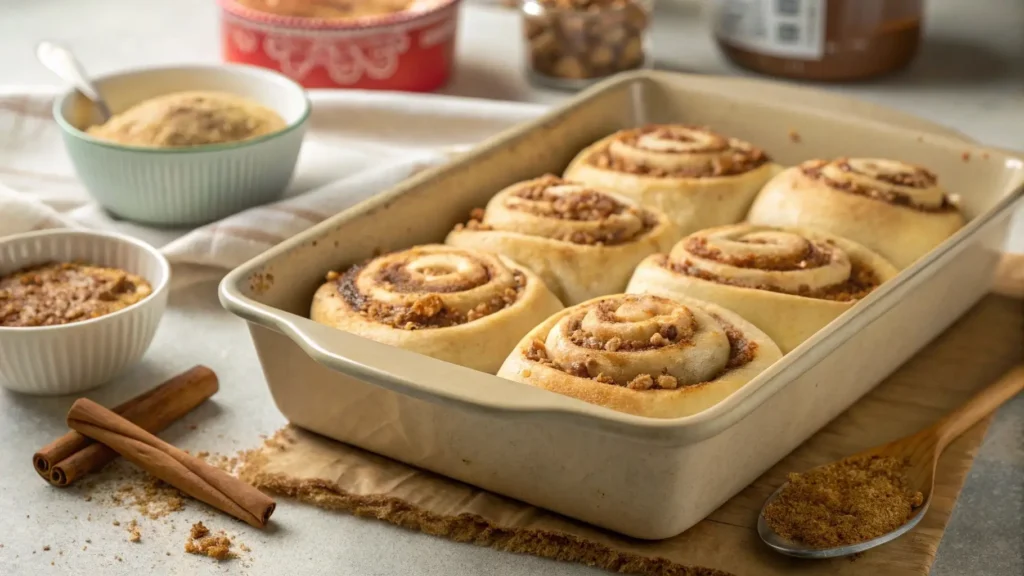 Proofing sourdough cinnamon rolls recipe in a baking dish