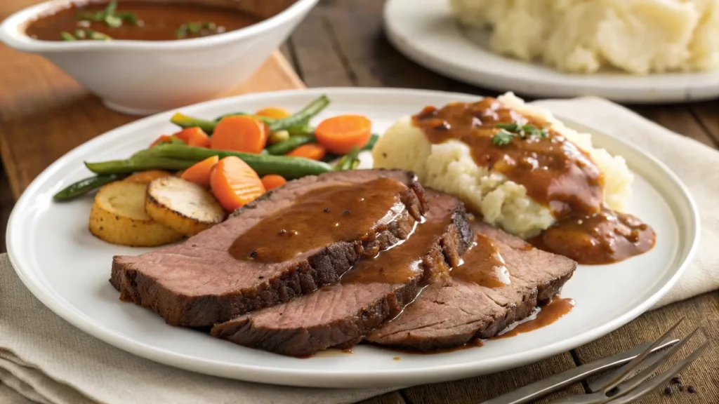 Roast beef topped with brown gravy and served with mashed potatoes and vegetables