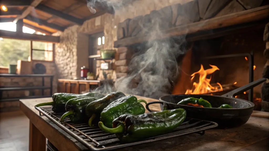 Roasting poblano peppers on a grill for stuffed poblano peppers