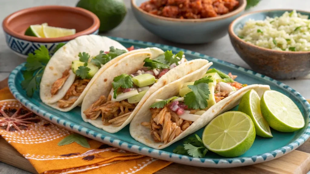 Serving platter with rotisserie chicken tacos and side dishes