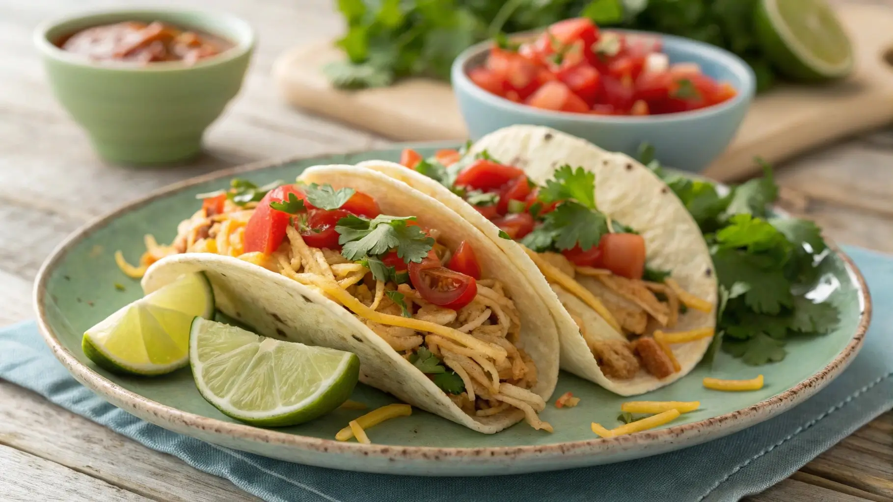 Rotisserie chicken tacos with fresh toppings on a plate