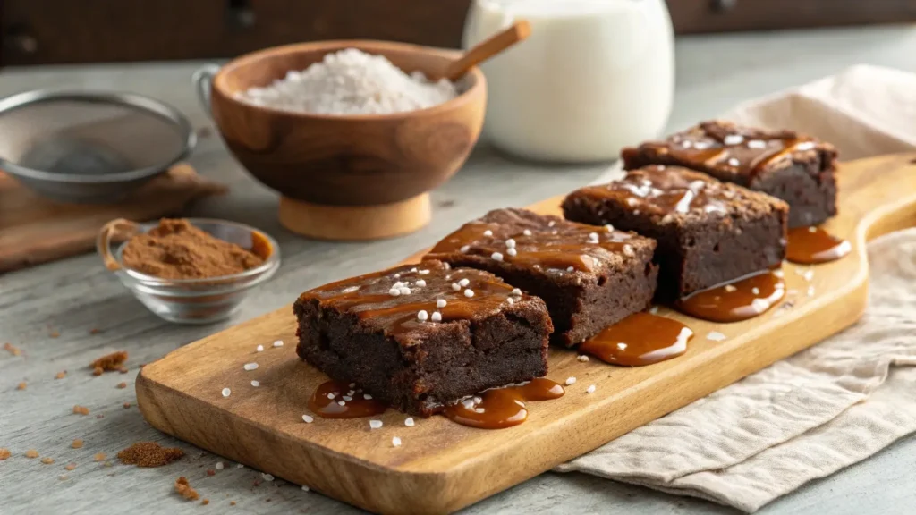 Fudgy salted caramel brownies with gooey caramel topping.