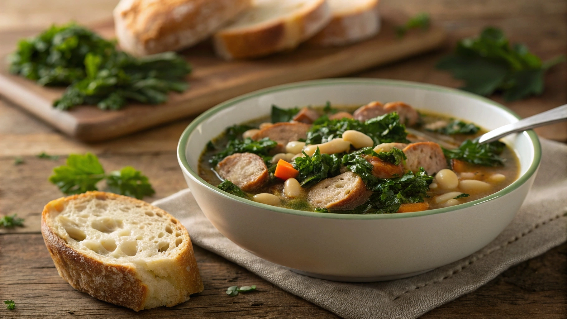 Bowl of sausage kale and white bean soup with crusty bread