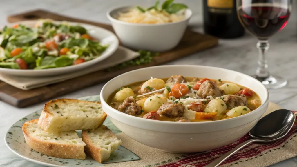 Sausage and gnocchi soup with bread and salad.