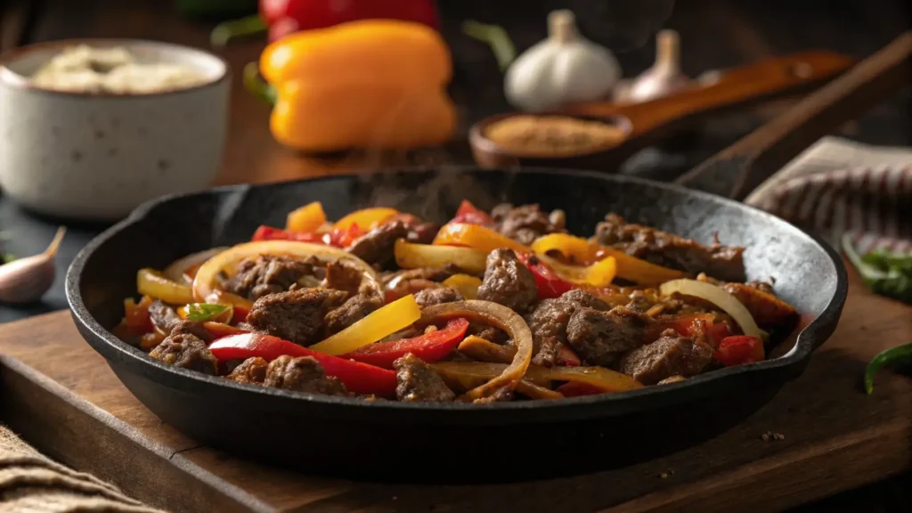 Beef Filling for Beef Chimichanga Recipe Cooking in Skillet