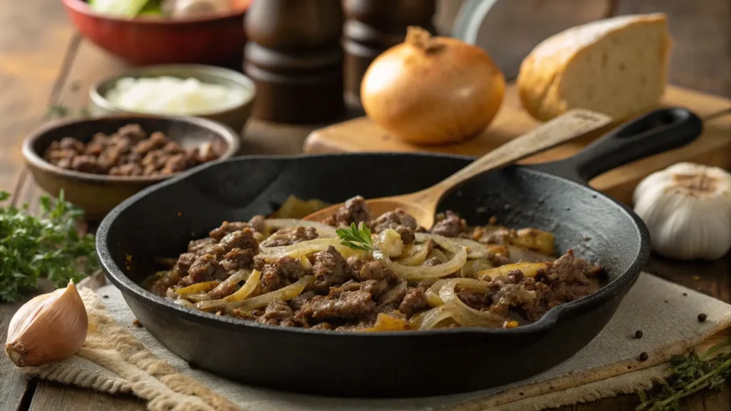 Ground beef and onions being sautéed in a cast iron skillet