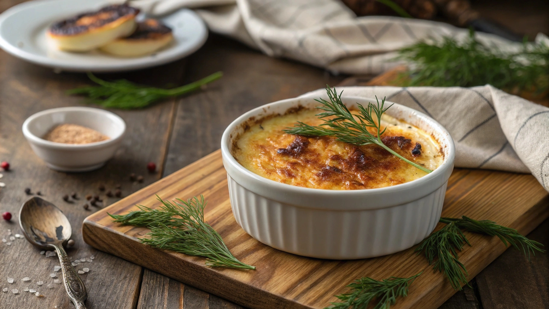 Crab brûlée with a caramelized crust served in a ramekin