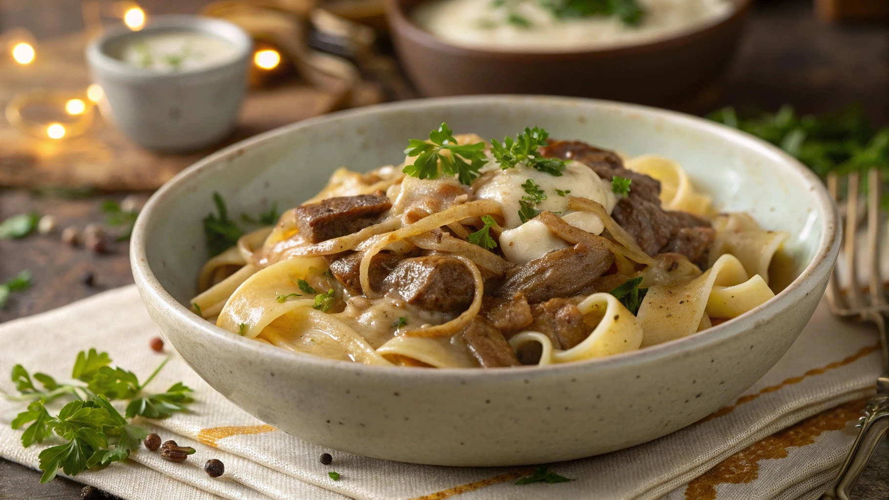 French onion beef and noodles with caramelized onions and parsley