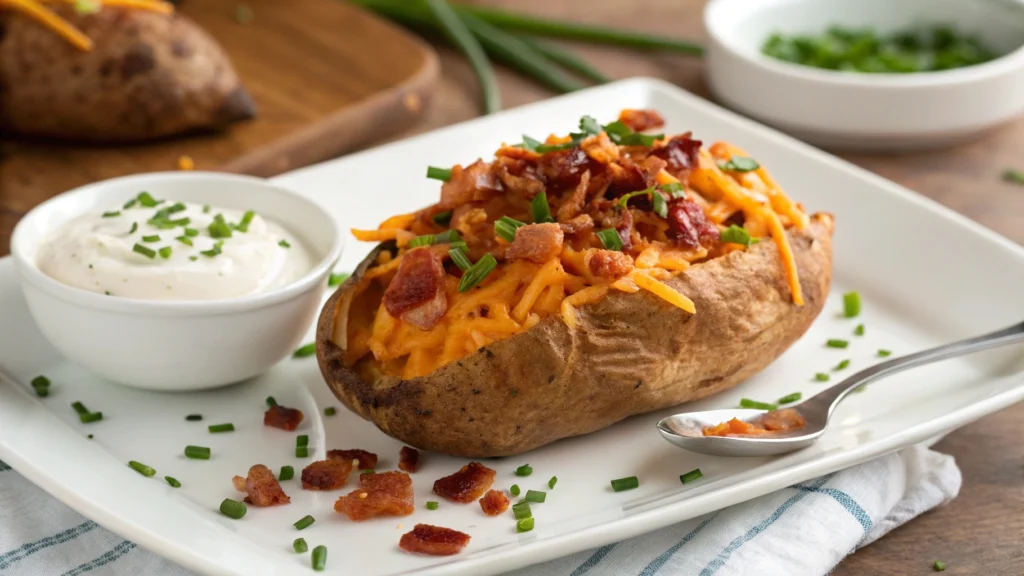 Savory baked sweet potatoes topped with shredded cheese, bacon, and fresh chives on a white plate