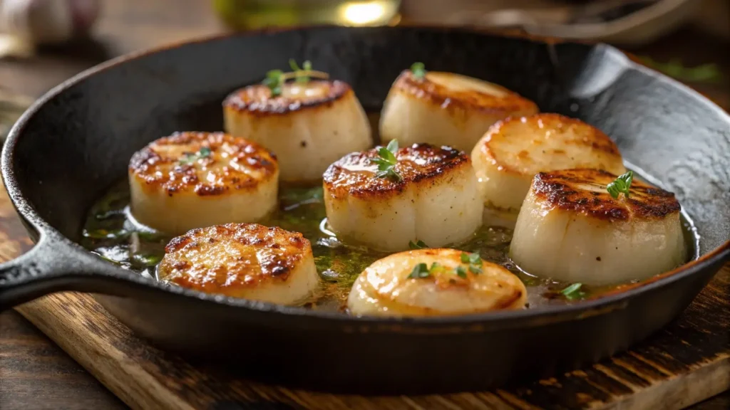 Golden-brown seared scallops for stir fry