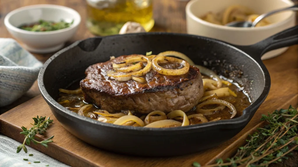 Beef searing with caramelized onions for French onion beef and noodles