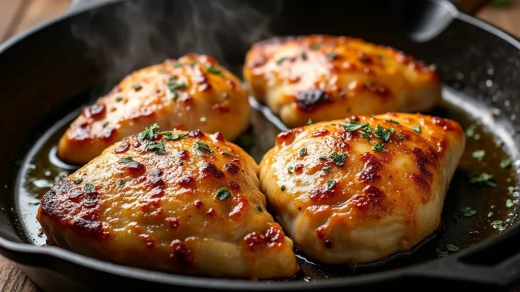 Chicken breasts searing in a skillet as part of the Alice Springs Chicken Recipe preparation