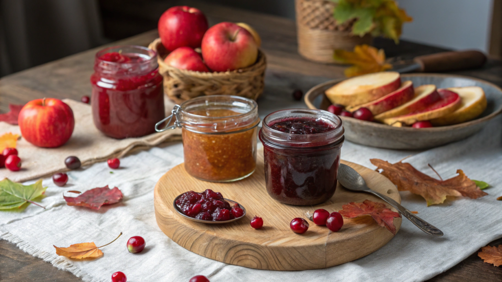 Sure-Jell Recipe, Jars of mixed berry jam, apple butter, and cranberry jelly with fall fruits