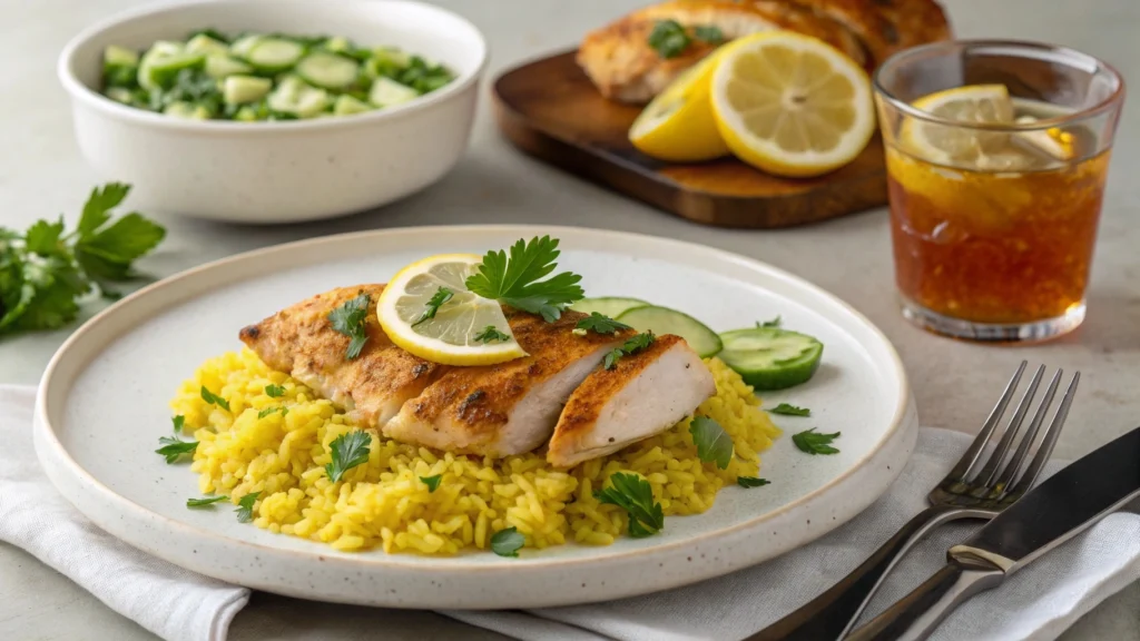 Plated chicken and yellow rice with cucumber salad and iced tea