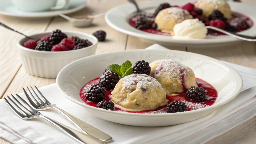 Blackberry dumplings served with vanilla ice cream and powdered sugar