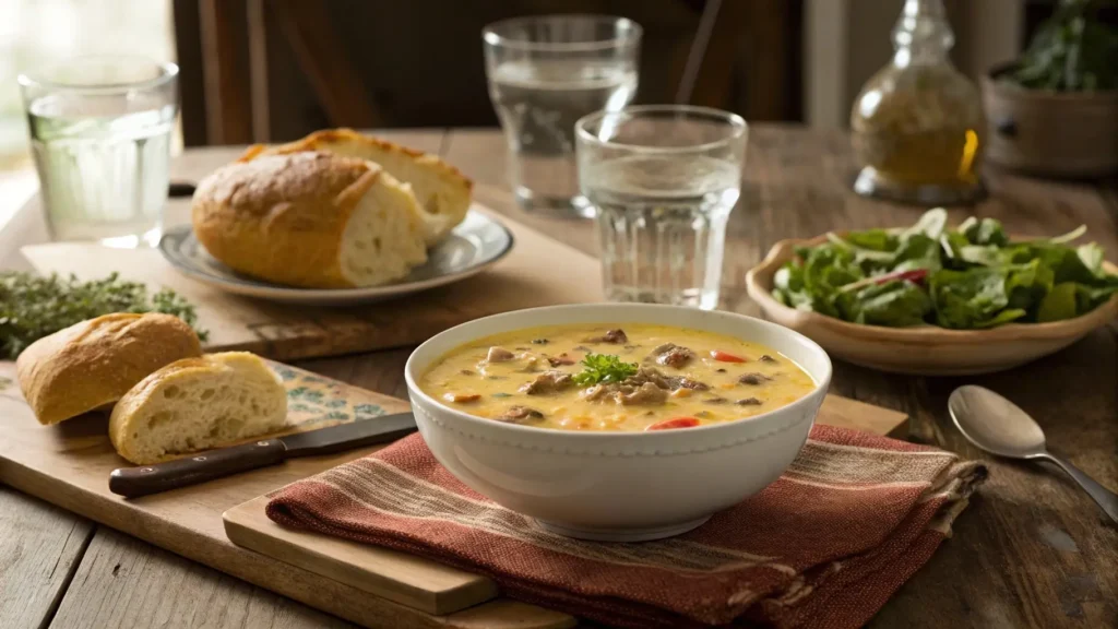 Cheesy hamburger potato soup served with bread and salad