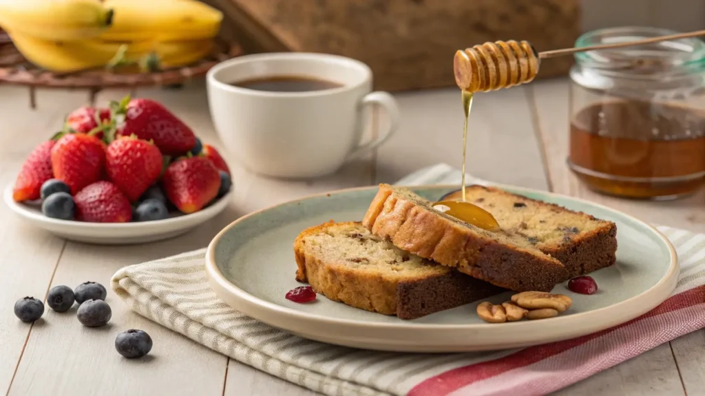 Slice of banana bread served with fresh fruit and a drizzle of honey