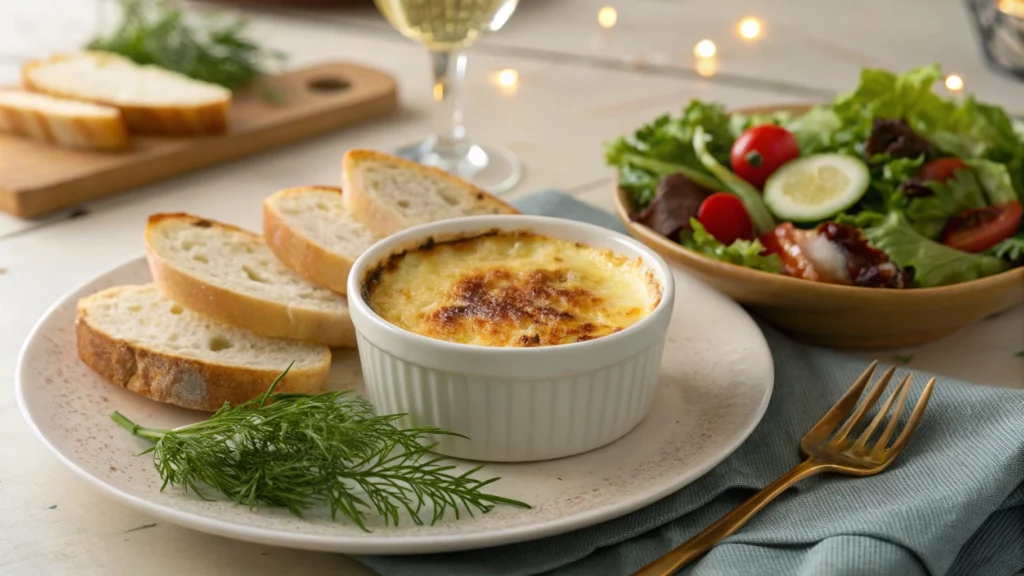 Crab brûlée served with crusty bread and fresh salad