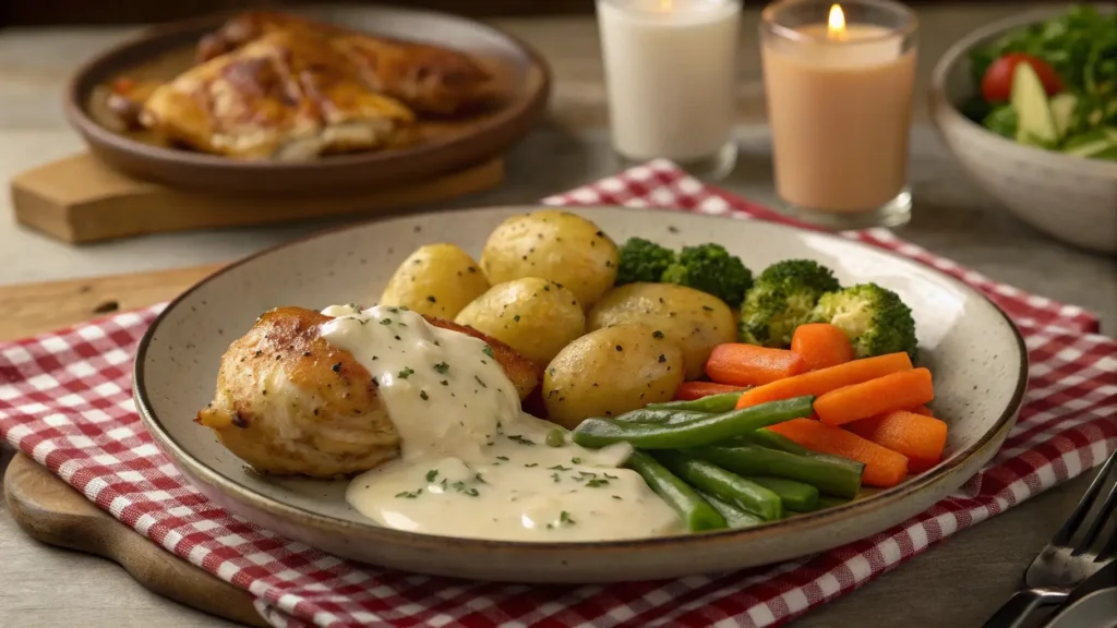 Creamy garlic sauce baby potatoes served with chicken and vegetables.