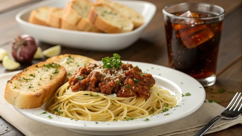 Crockpot spaghetti sauce served with spaghetti and garlic bread.