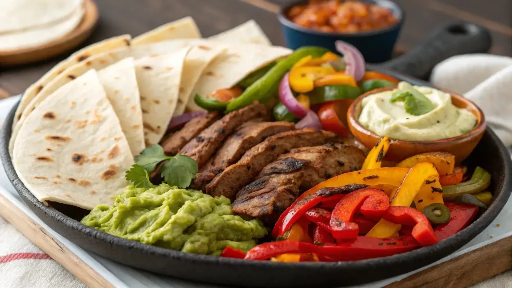 Fajitas with tortillas, guacamole, and fresh salsa