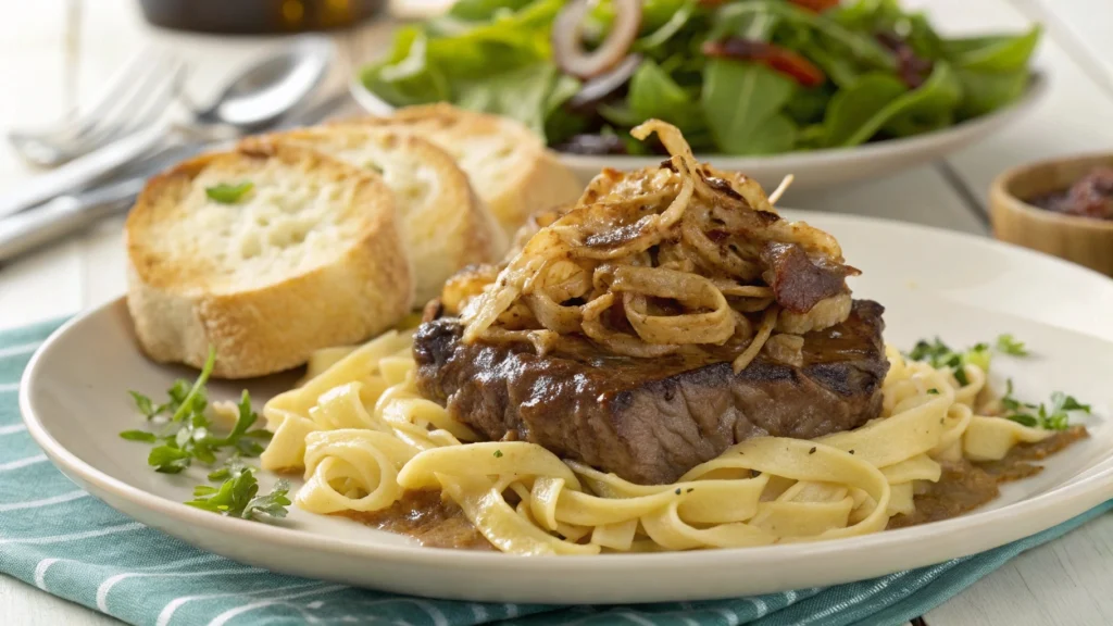 French onion beef and noodles served with salad and bread