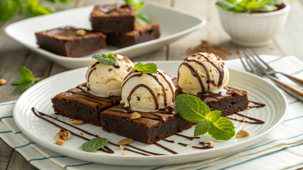 Recipe for heavenly hash brownies served with ice cream and chocolate drizzle