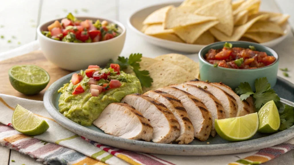 Marinated chicken with guacamole, salsa, and tortillas