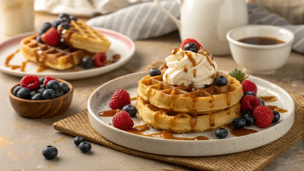 Mini caramel waffles with whipped cream and berries