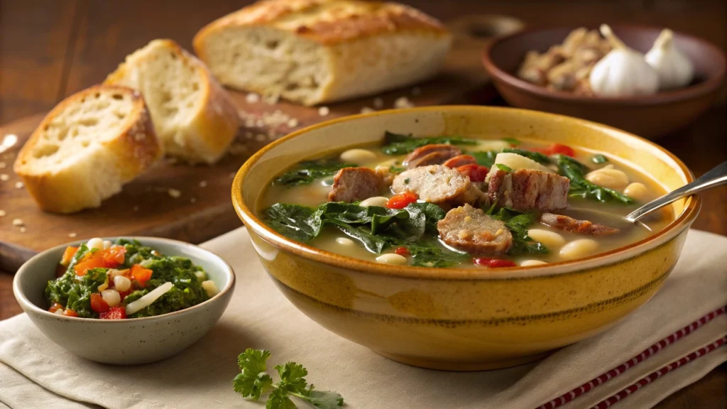 Sausage kale and white bean soup with bread and salad