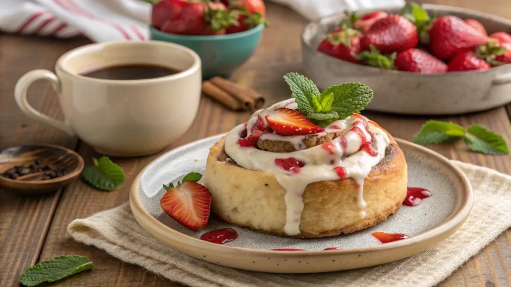 A strawberry cheesecake cinnamon roll on a plate with fresh strawberries and frosting