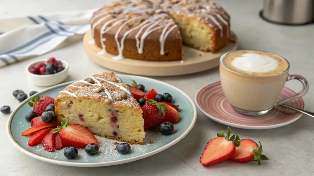 Slice of Applesauce Coffee Cake with Glaze and Coffee