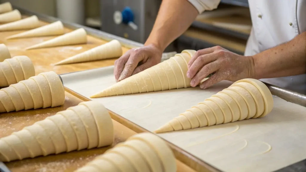 Shaping lobster tail pastry dough into cones