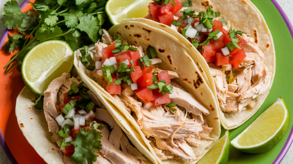 Shredded chicken tacos made from crock pot frozen chicken