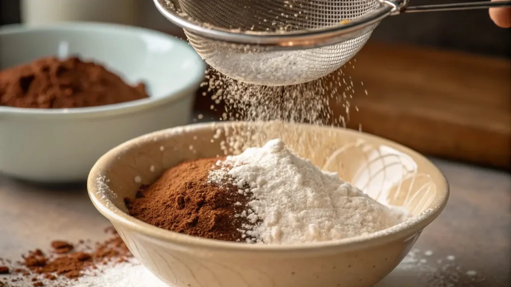 Sifting dry ingredients for a moist red velvet cake recipe