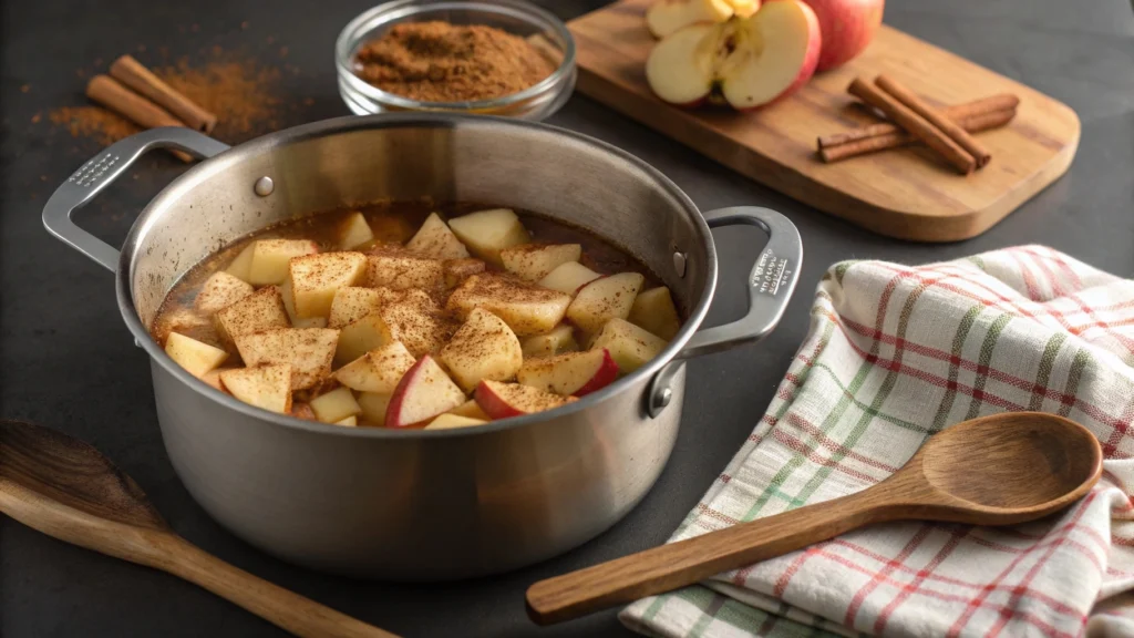 Pot of chopped apples simmering with cinnamon for applesauce