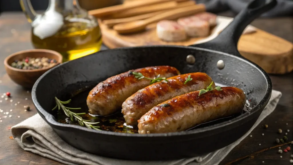 Beef Sausage Sizzling in a Skillet