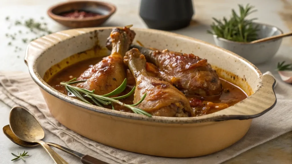 Slow-cooked turkey drumsticks in a ceramic dish