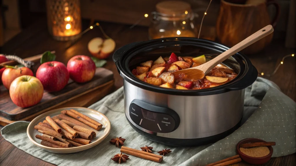 Slow cooker filled with softened apples and cinnamon sticks