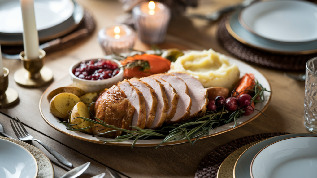 Sliced smoked turkey breast served with mashed potatoes and roasted vegetables