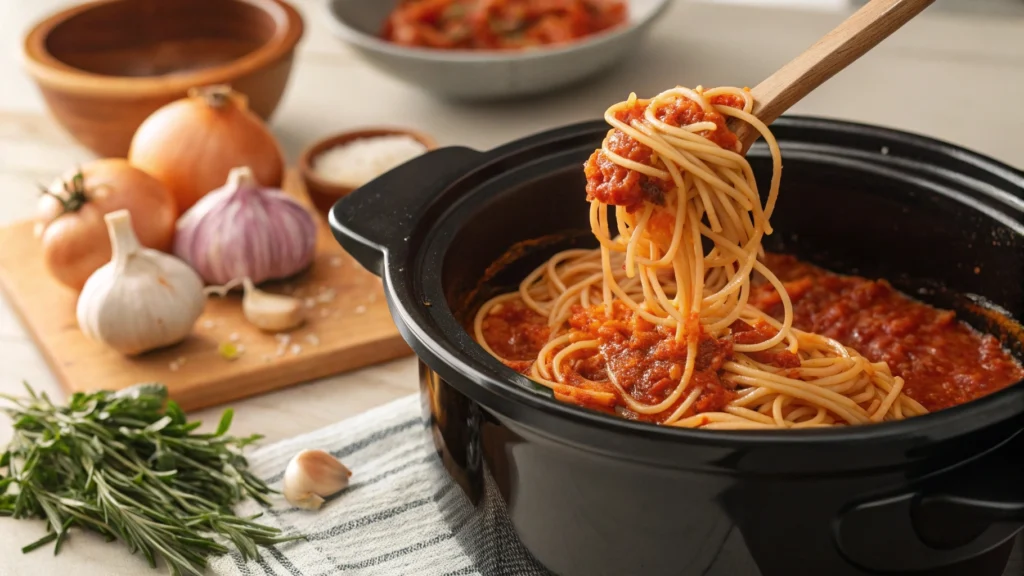 Close-up of spaghetti cooking in a crockpot