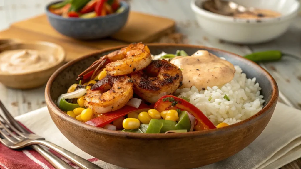 Cajun shrimp bowl with blackened shrimp and spicy aioli