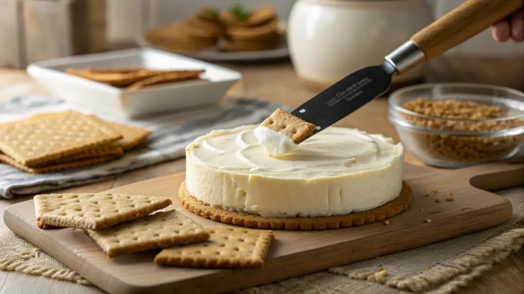 Cream cheese layer being spread for strawberry lasagna