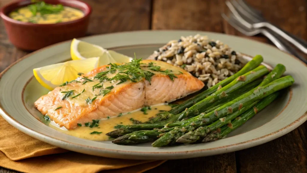 Steelhead trout with lemon butter sauce and roasted asparagus