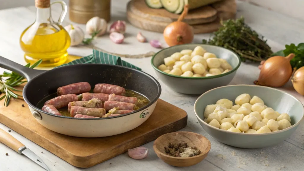 Sausage browning in a pot with garlic and onions.