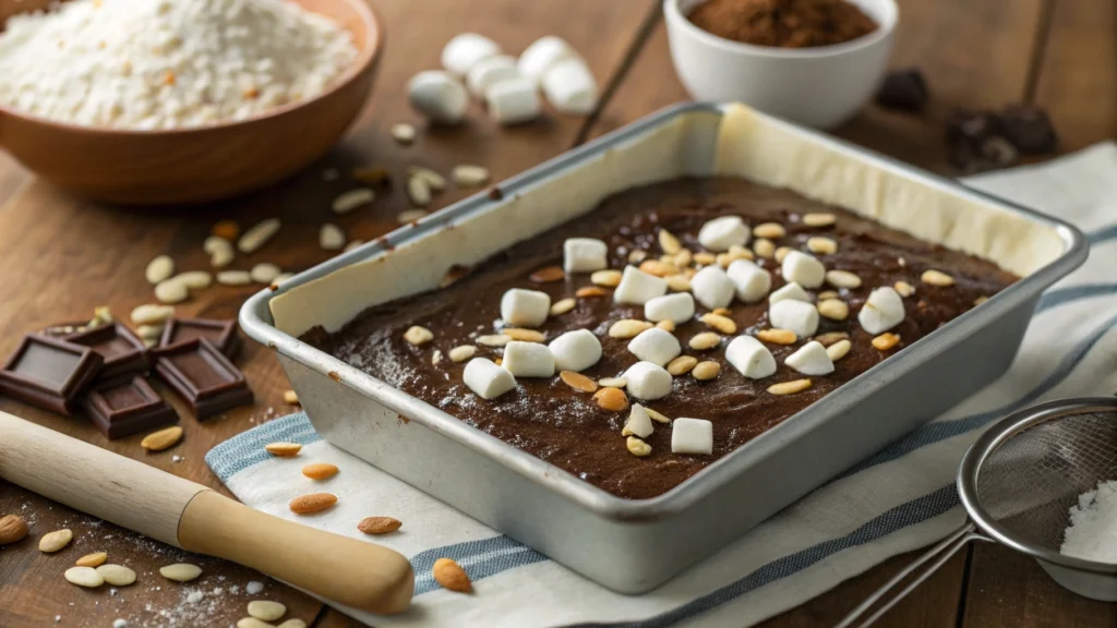 Recipe for heavenly hash brownies batter topped with marshmallows and almonds