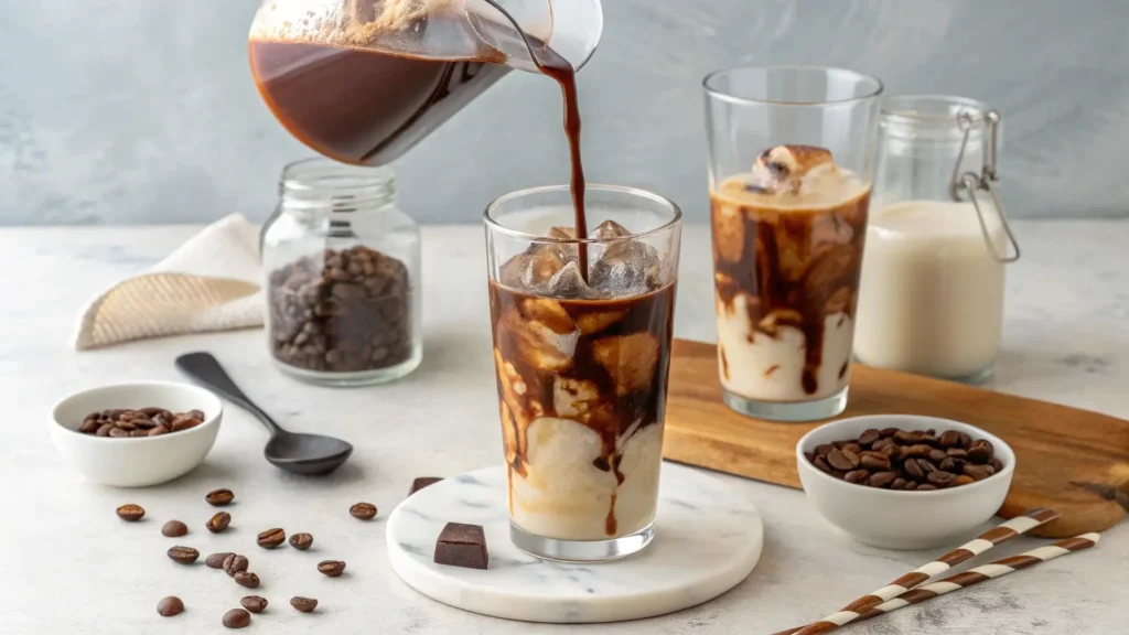 Assembling Homemade Mocha Iced Coffee with Milk and Chocolate